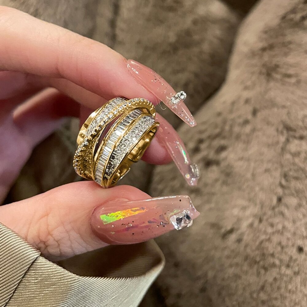 Women’s Gold Multi-Layer Open Ring with Zircon Stones Elegant Sparkly Jewelry